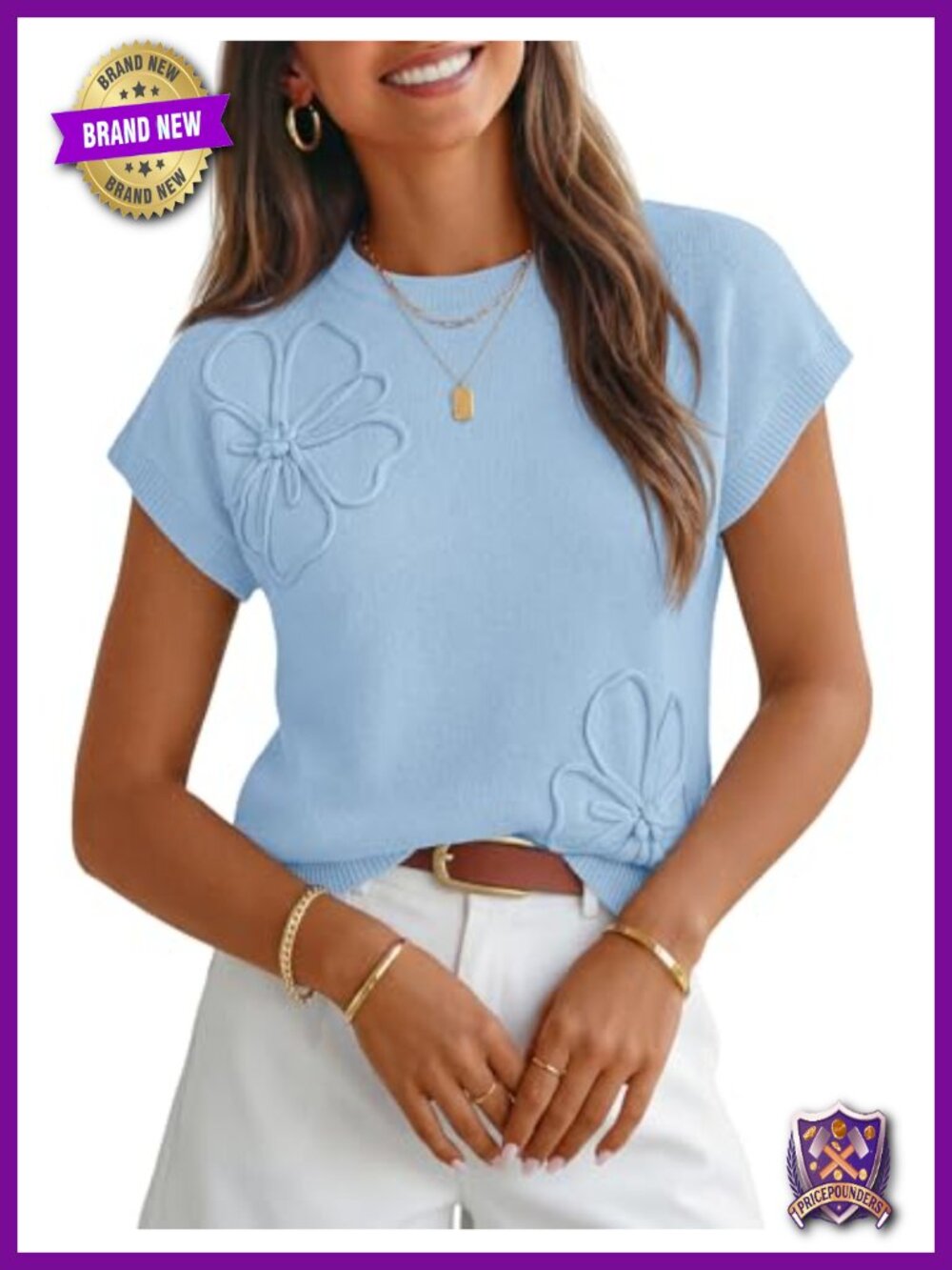 Floral Cap Sleeve Sweater Vest Crew Neck Knit Top